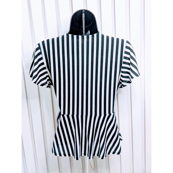 Womens LILY WHITE Peplum Belt Wrap Top Black White Vertical Stripes Size Small - Picture 6 of 8